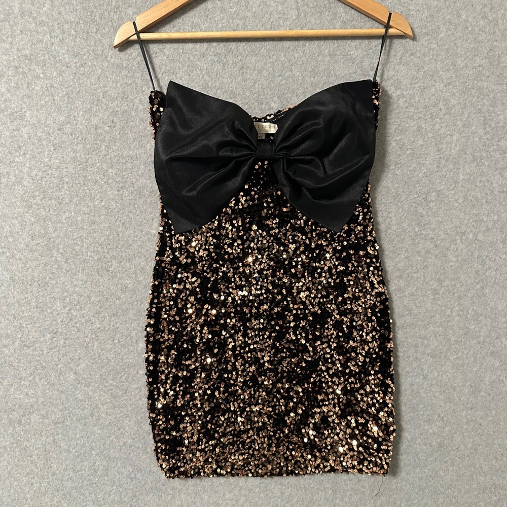 Thirty/Thirty L/A Mini Dress Womens M Rose Gold Sequin Black Bow NWT